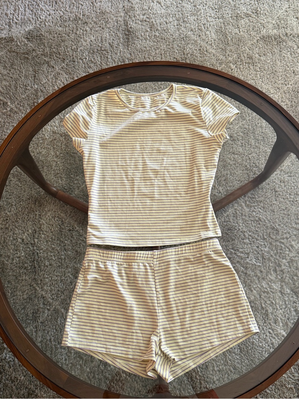 Striped Short Sleeve Top & Shorts Set - yellow and lavender